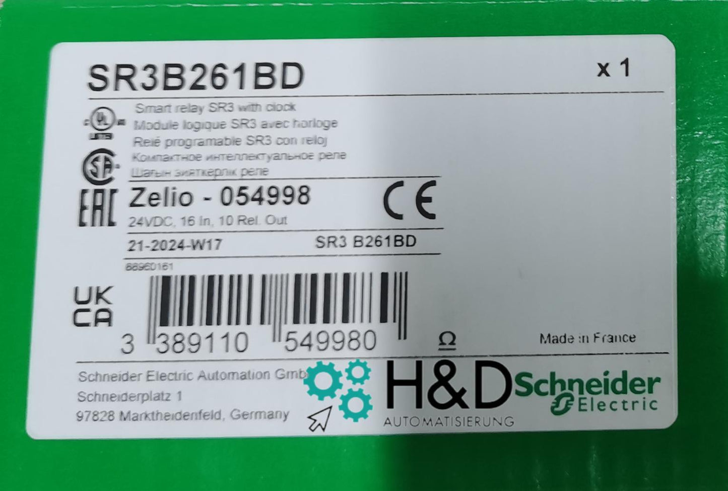 SR3B261BD Schneider Electric SPS-Steuerrelais, Zelio Logic, modulare Ausführung, 26 E/A, 24 VDC, Display, Uhr, Relaisausgänge