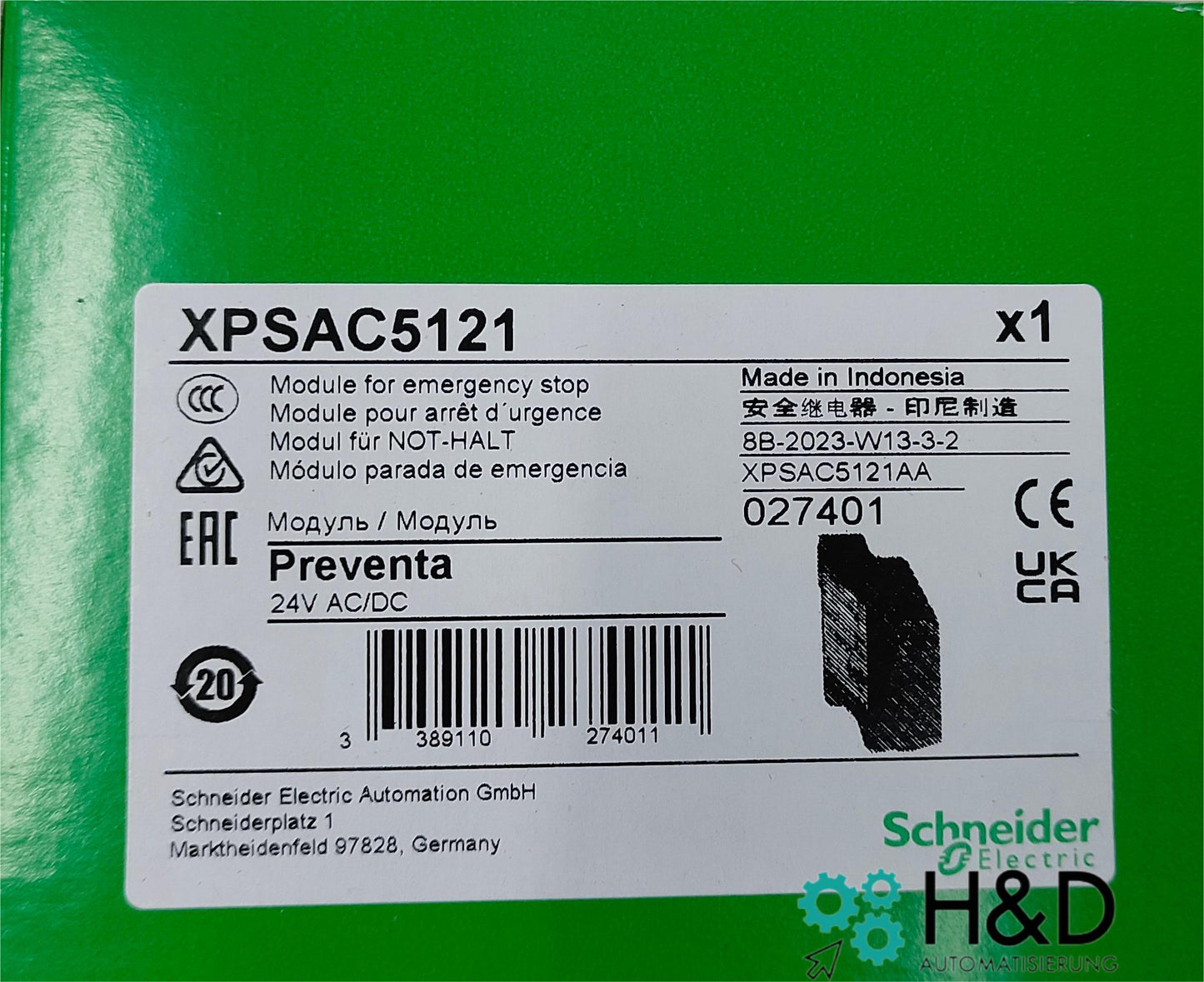 XPSAC5121 Schneider Electric блок безопасности аварийной остановки, 3 реле+1 транзистор, 24 В перем./пост. тока, фиксированный
