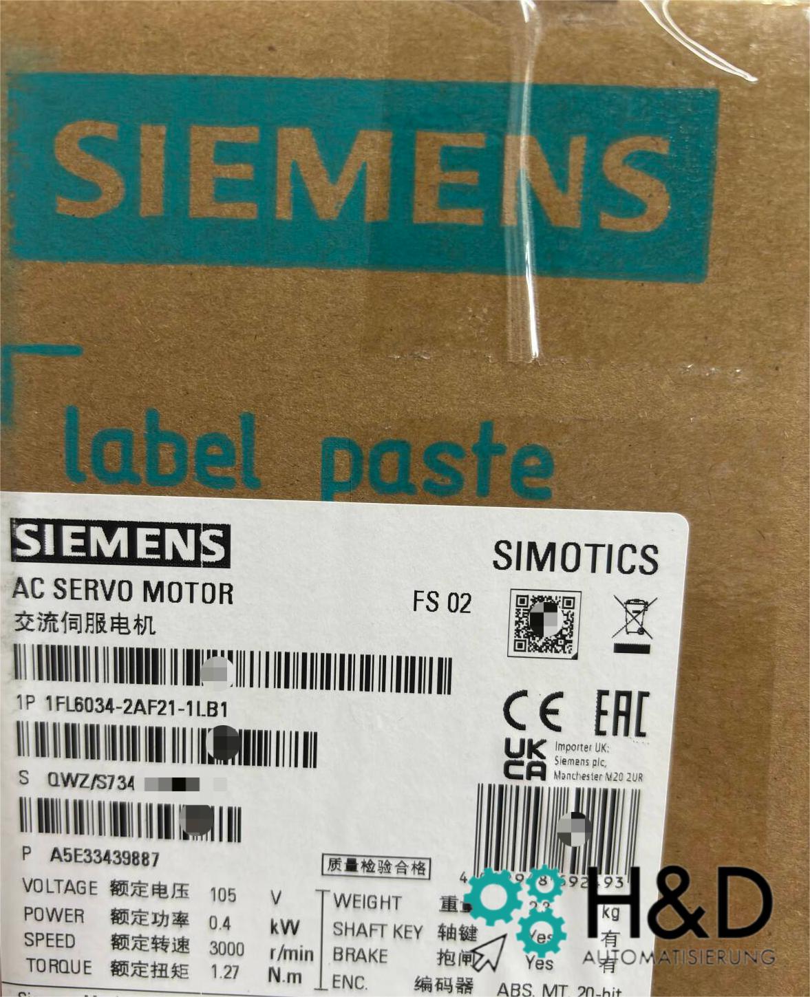 1FL6034-2AF21-1LB1 Siemens SIMOTICS S-1FL6 Nuevo y Sellado