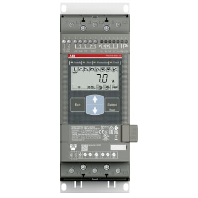 ABB PSE105-600-70 Softstarter with display and control buttons, rated 106 A, 208-600 V AC.