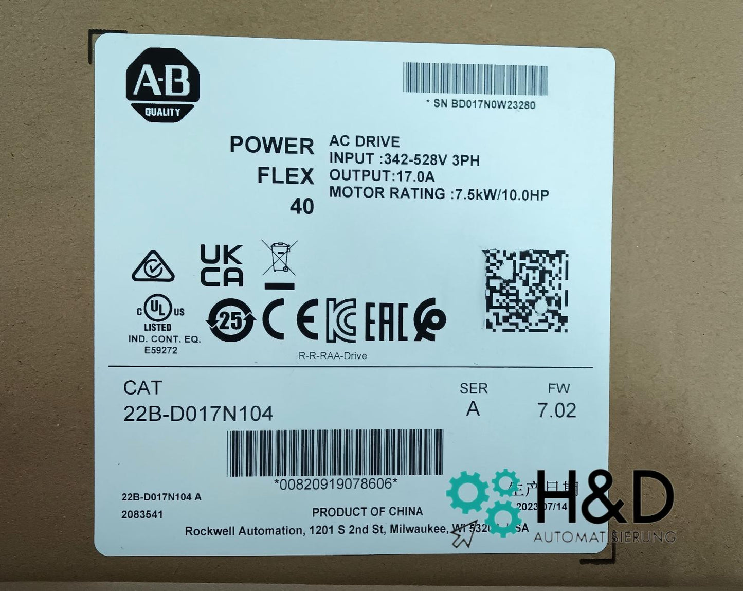 Allen‑Bradley 22B‑D017N104 PowerFlex 40 AC Drive (7.5 kW / 17 A)