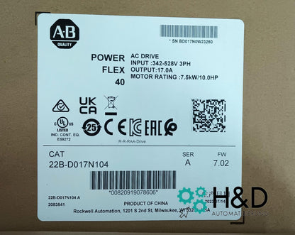 Allen‑Bradley 22B‑D017N104 PowerFlex 40 AC Drive (7.5 kW / 17 A)