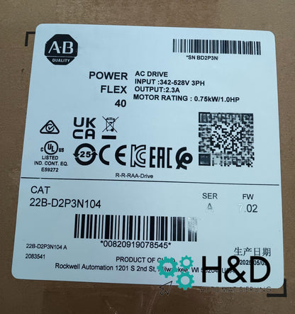 Allen-Bradley 22B-D2P3N104 PowerFlex 40 AC Drive (0.75 kW / 2.3 A)
