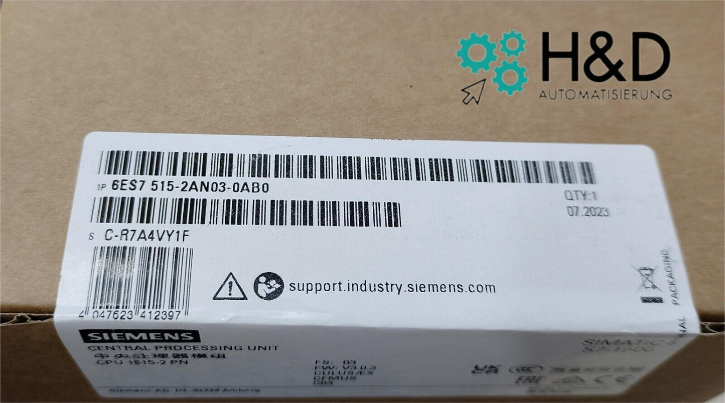 6ES7515-2AN03-0AB0  Siemens  CPU 1515-2 PN SIMATIC S7-1500 New and Sealed