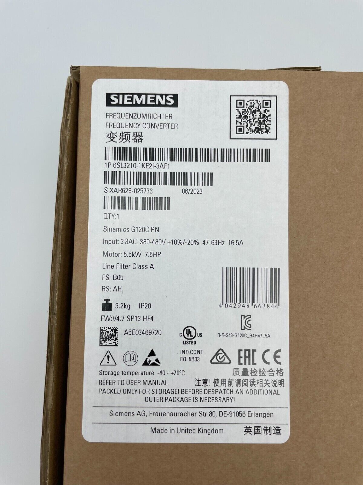 6SL3210-1KE21-3AF1 SIEMENS SINAMICS G120C POTENCIA NOMINAL 5,5KW Nuevo y Sellado