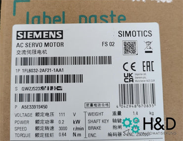 Siemens SIMOTICS S-1FL6 Servomotor 1FL6032-2AF21-1AA1, 0,1 kW, 3000 U/min, IP65, Neu und Versiegelt