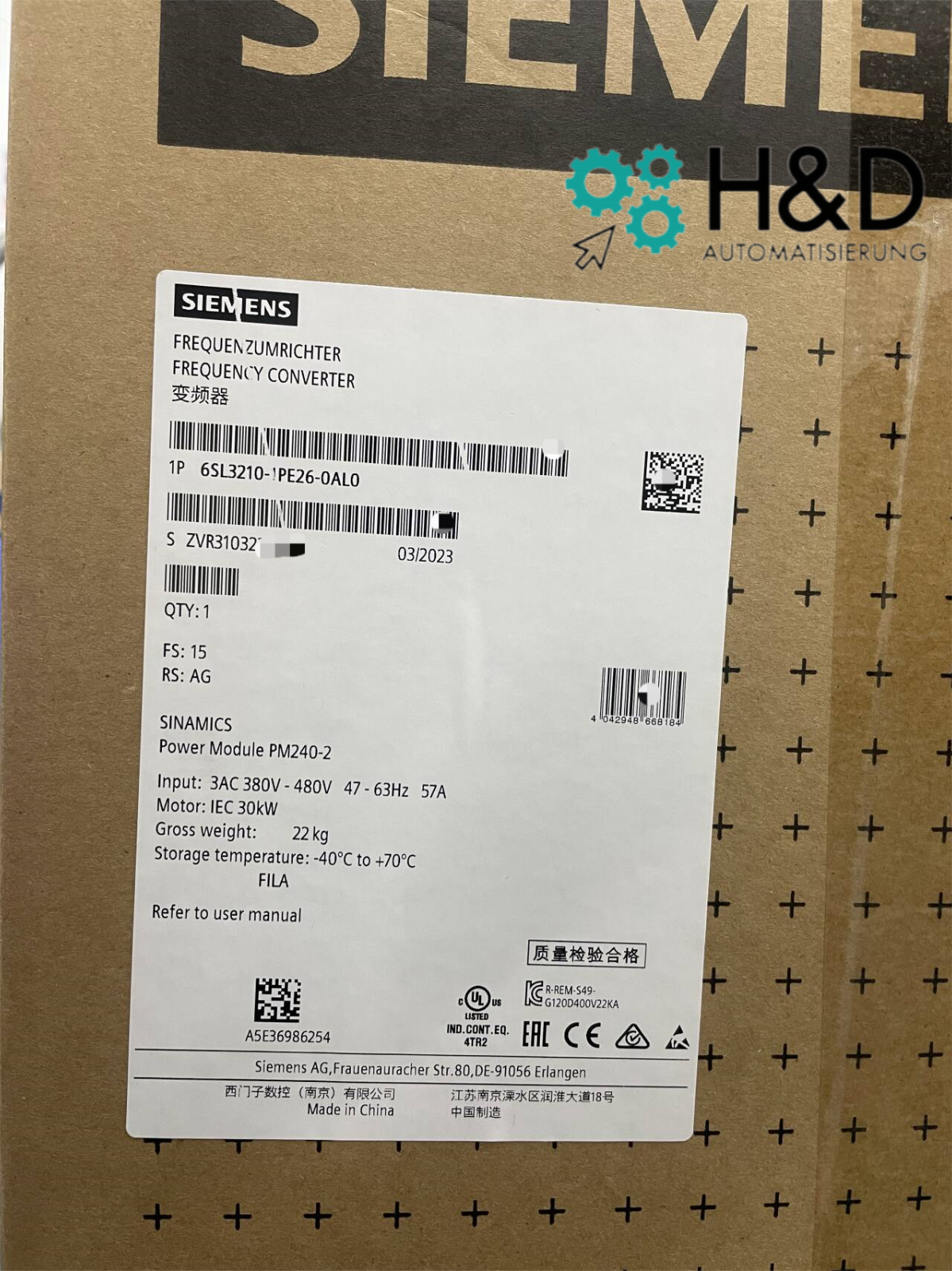 6SL3210-1PE26-0AL0  SIEMENS  SINAMICS G120 Power Module PM240-2   New and Sealed