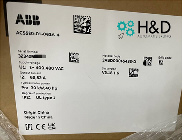 ACS580-01-062A-4 Inversor ABB PN: 30 kW, IN: 62 A 【Nuevo y sellado】