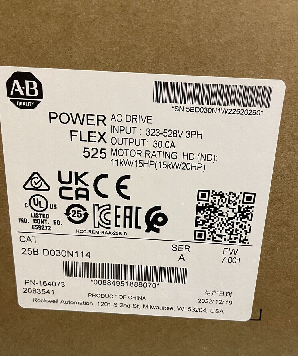 25B-D030N114  Allen-Bradley  PowerFlex 525 15kW (20Hp) AC Drive【New and sealed】