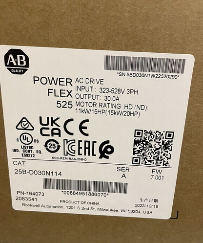 25B-D030N114 Variador de CA Allen-Bradley PowerFlex 525 de 15 kW (20 Hp) 【Nuevo y sellado】