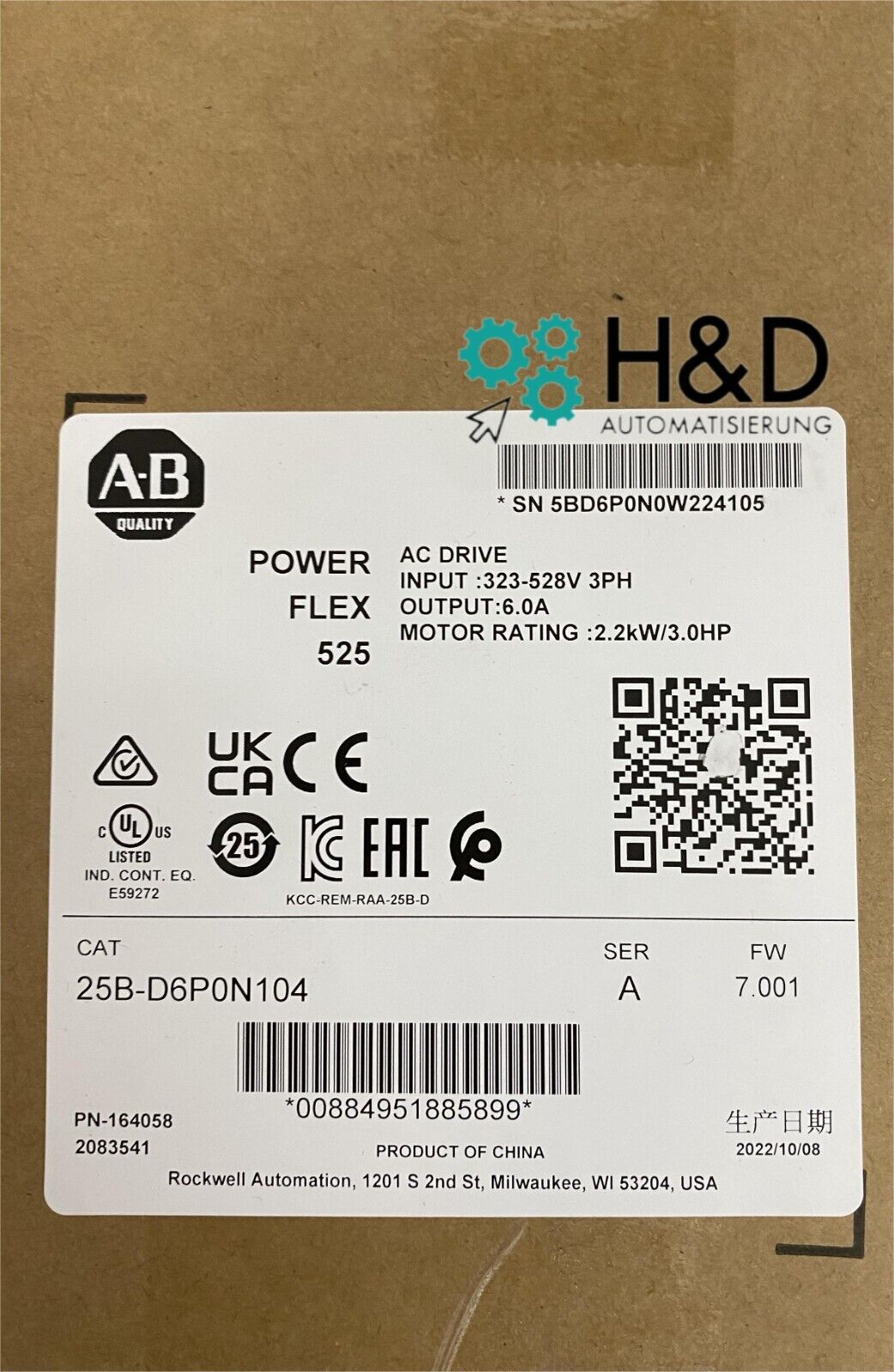 25B-D6P0N104 Allen-Bradley PowerFlex 525 2.2kW Nuevo y sellado