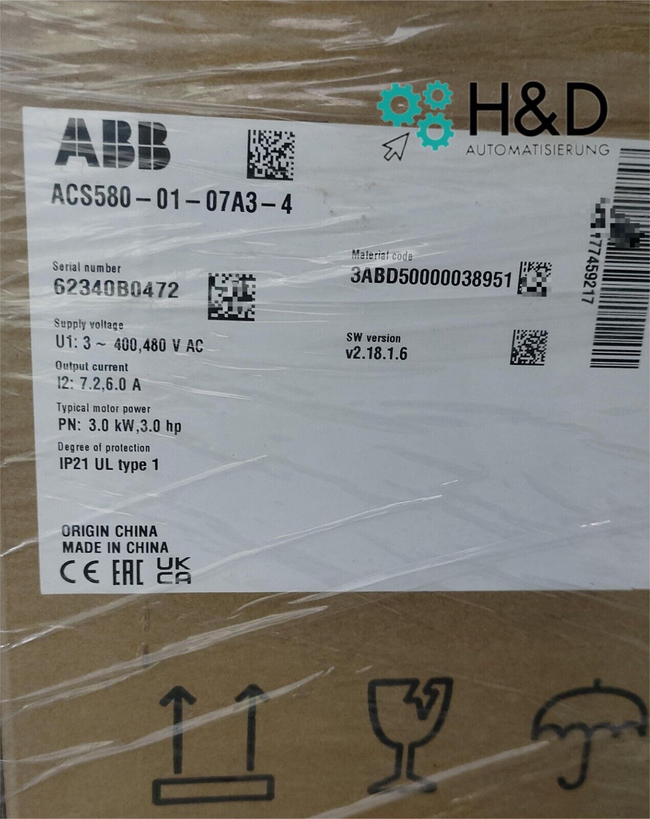 ACS580-01-07A3-4 Inversor ABB PN: 3,0 kW, IN: 7,2 A 【Nuevo y sellado】