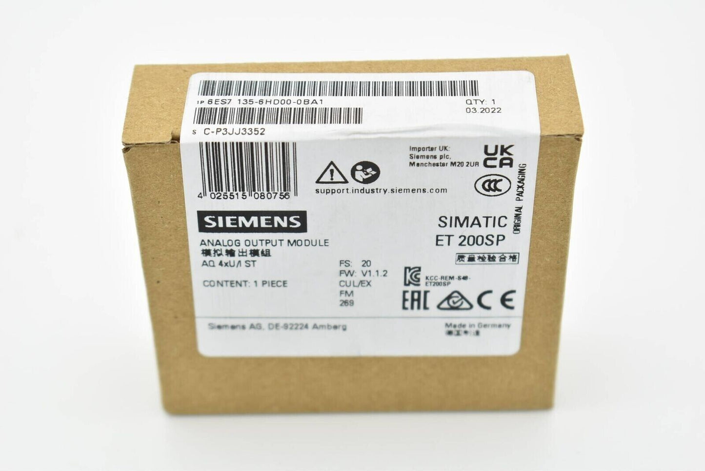 6ES7135-6HD00-0BA1  SIEMENS SIMATIC ET 200SP, AQ 4XU/I Standard  New and Sealed