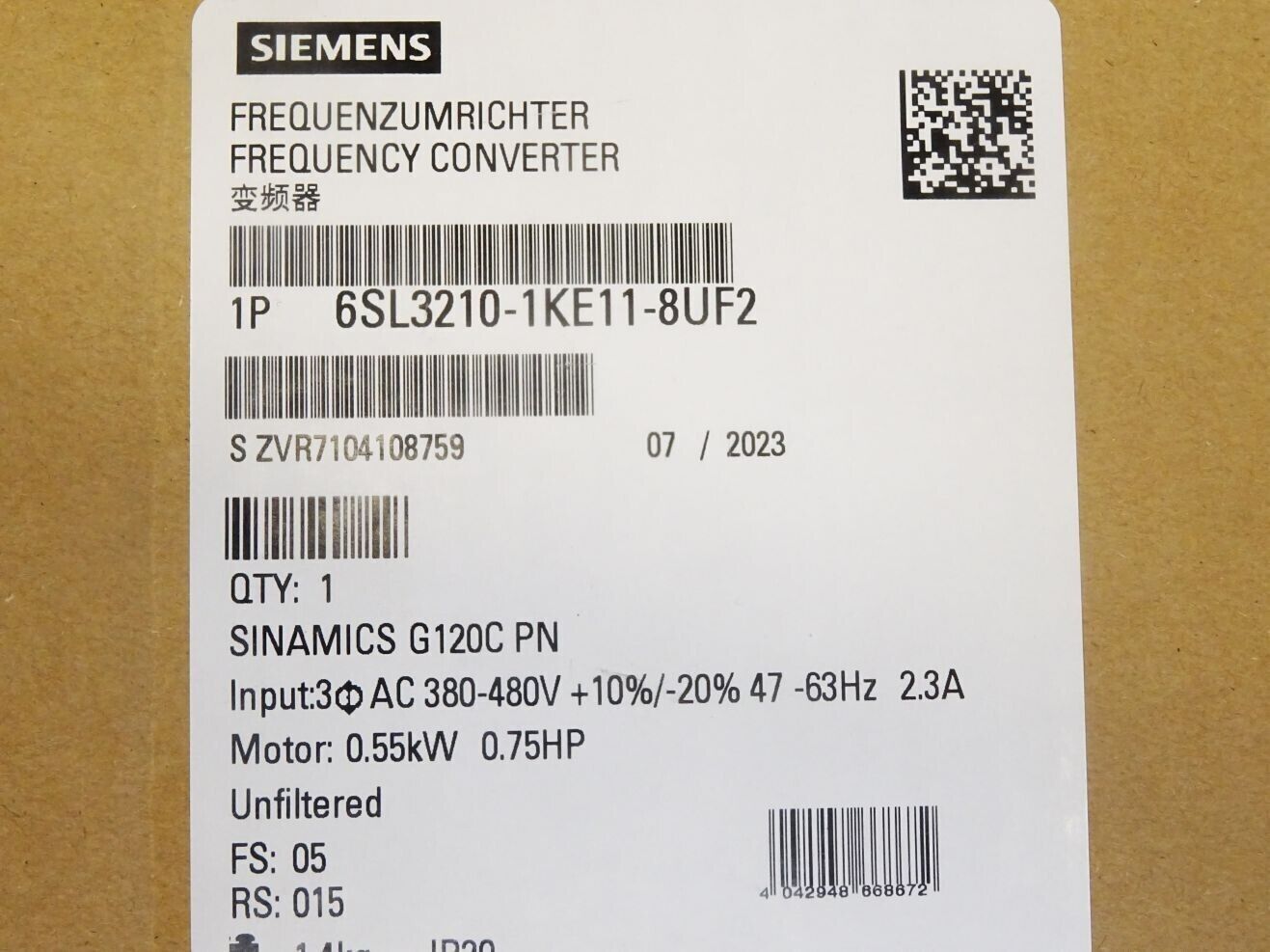 6SL3210-1KE11-8UF2 SIEMENS SINAMICS G120C POTENCIA NOMINAL 0,55KW Nuevo y Sellado