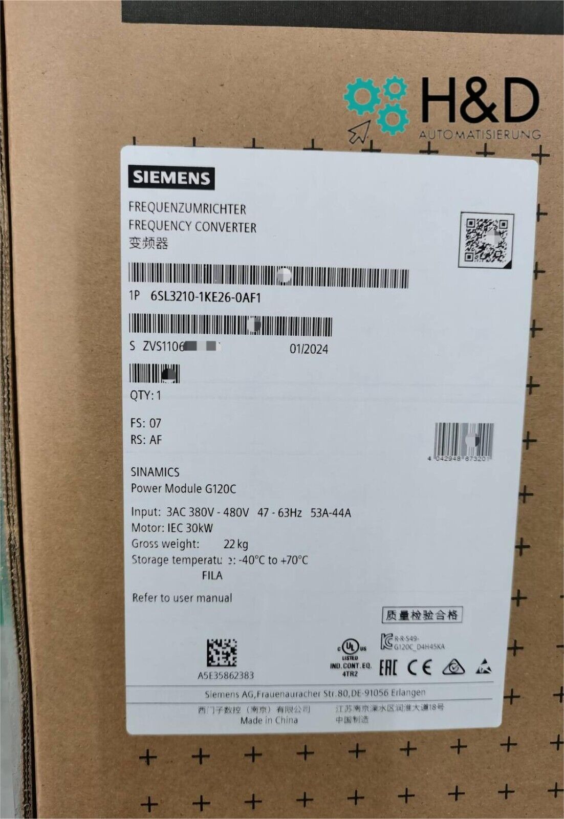 6SL3210-1KE26-0AF1 Inversor Siemens SINAMICS G120C POTENCIA NOMINAL 30KW Nuevo Sellado