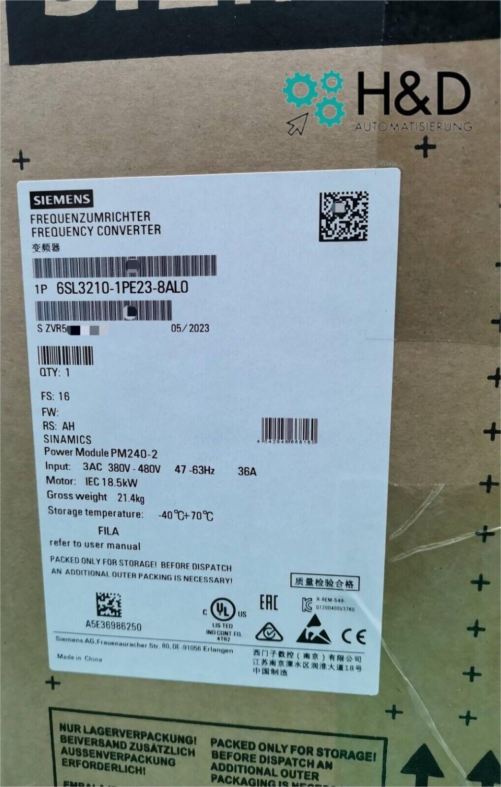 6SL3210-1PE23-8AL0 Siemens SINAMICS G120 Power Module PM240-2 Nuevo y sellado