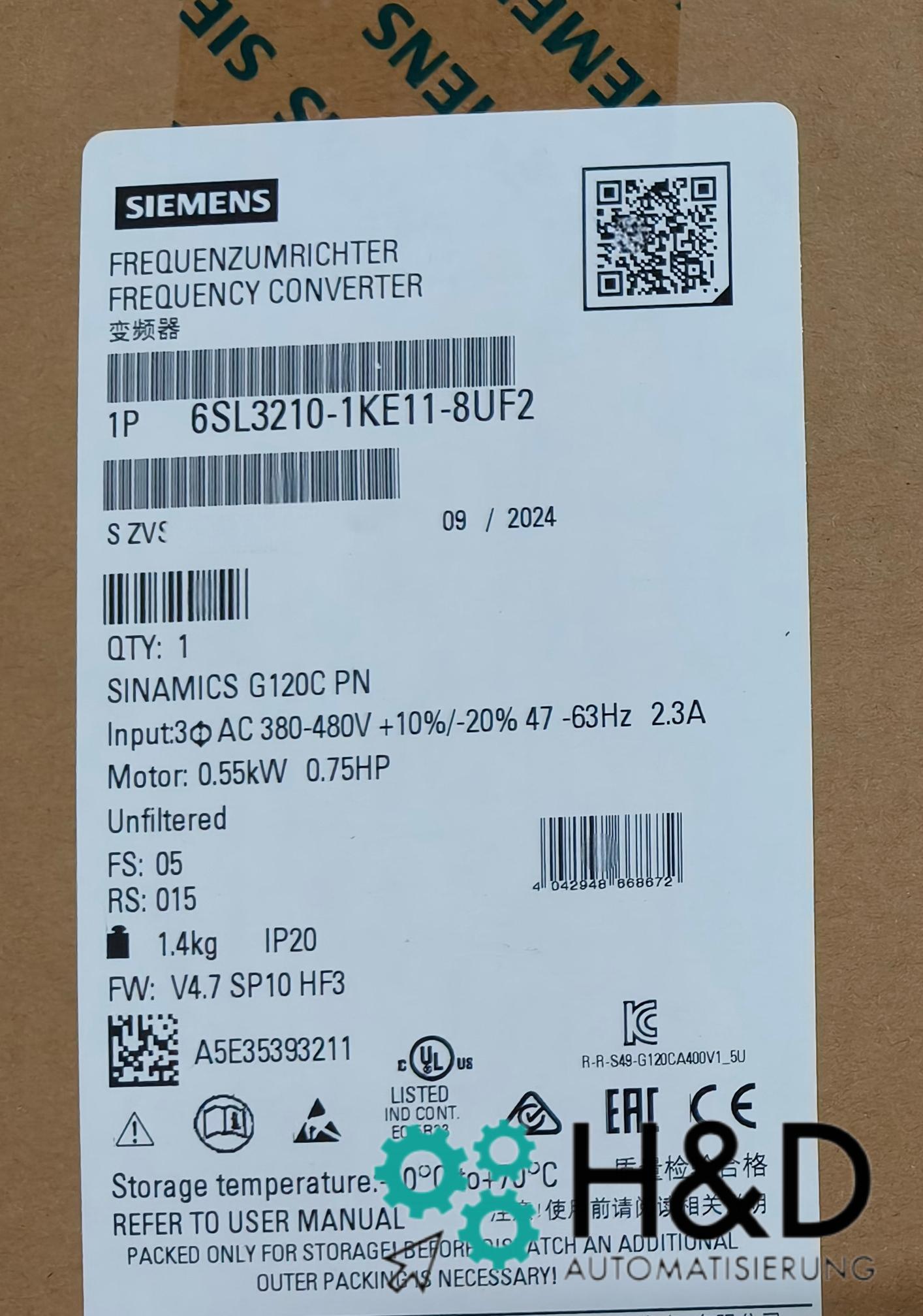 Siemens 6SL3210-1KE11-8UF2 – SINAMICS G120C Frequenzumrichter, 0,55 kW, 380-480 V, PROFINET, IP20