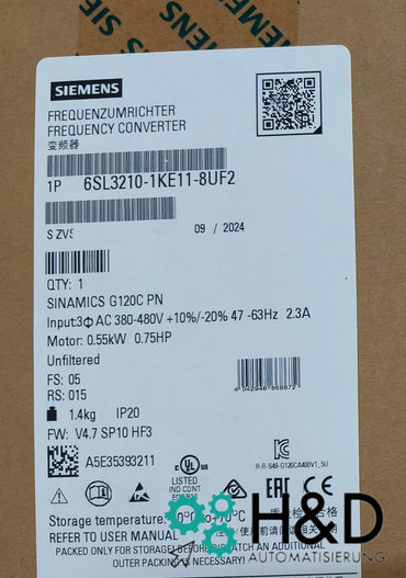 Siemens 6SL3210-1KE11-8UF2 – SINAMICS G120C Frequenzumrichter, 0,55 kW, 380-480 V, PROFINET, IP20