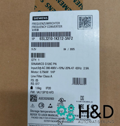 Siemens 6SL3210-1KE12-3AF2 – SINAMICS G120C Frequenzumrichter, 0,75 kW, 380-480 V, PROFINET, IP20