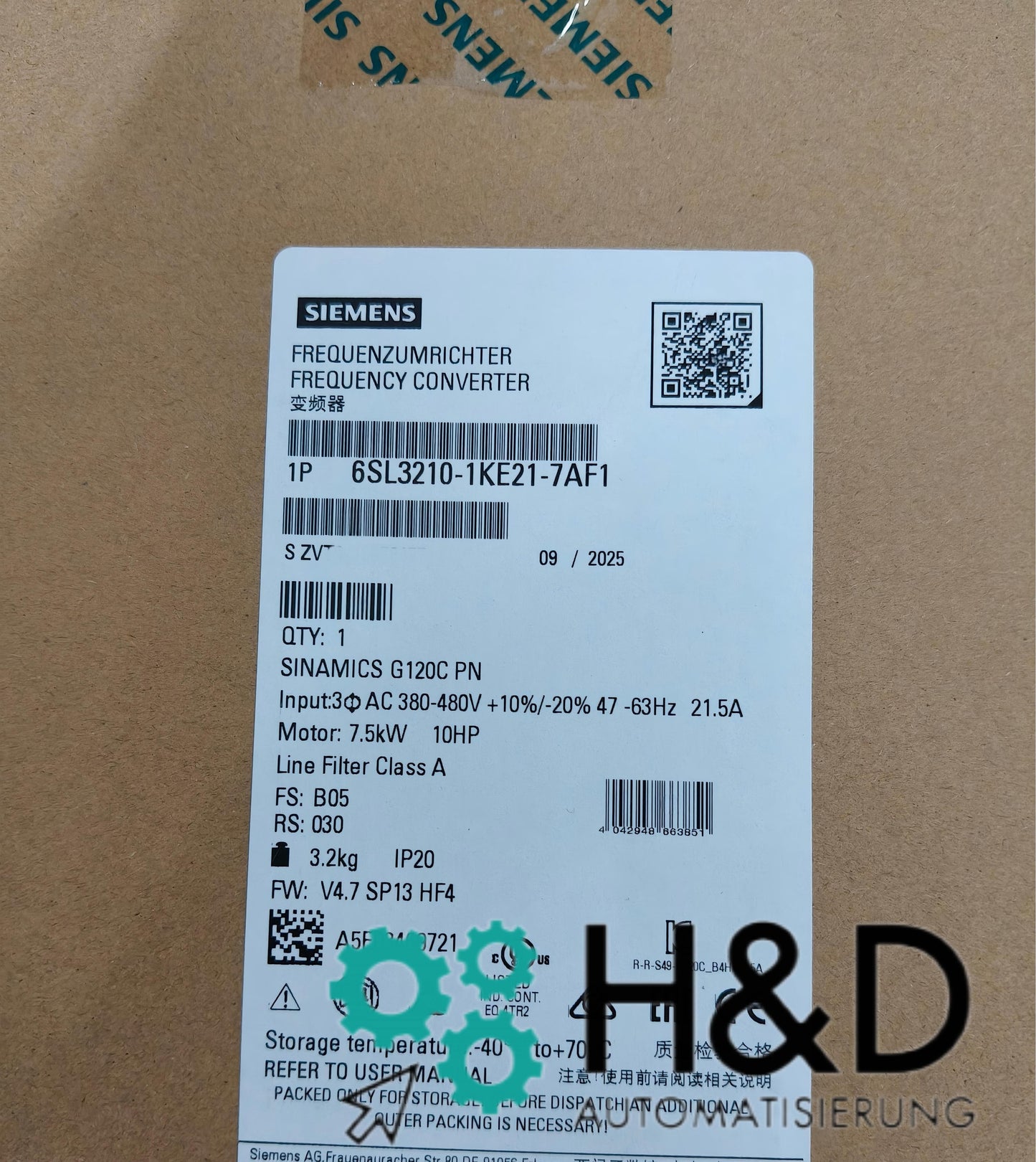 Sinamics G120C 6SL3210-1KE21-7AF1 – Variateur de fréquence (7,5 kW, 3AC 380–480 V, PROFINET, STO, IP20)