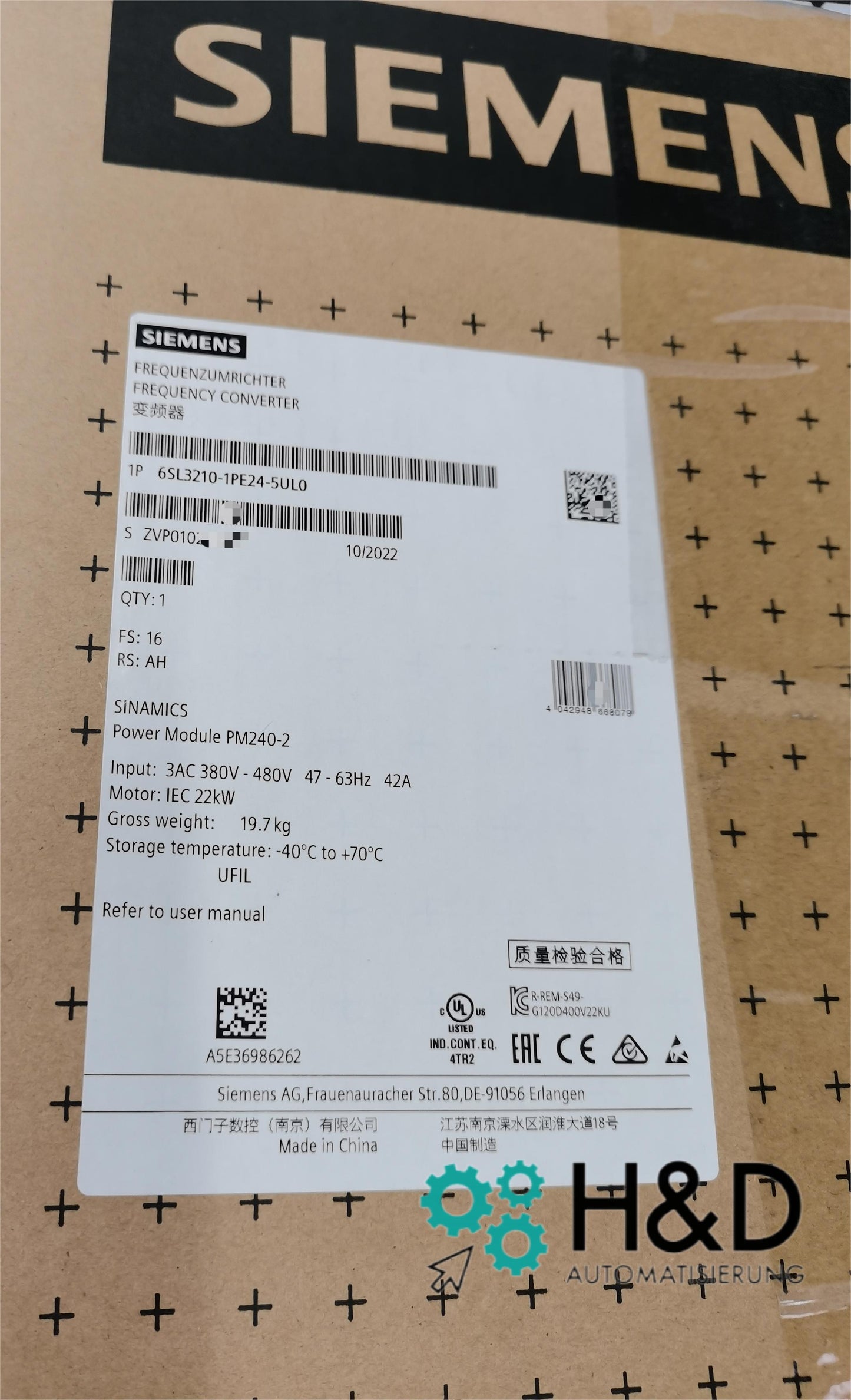 6SL3210-1PE24-5UL0 SIEMENS SINAMICS G120 MÓDULO DE POTENCIA PM240-2 Nuevo y Sellado