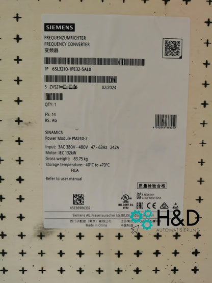 6SL3210-1PE32-5AL0 SIEMENS SINAMICS G120 MÓDULO DE POTENCIA PM240-2 Nuevo y Sellado