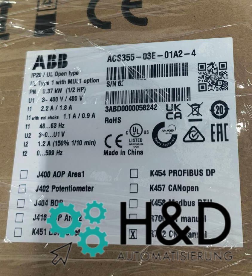 ABB ACS355-03E-01A2-4 – Inverter – Pn 0,37 kW – I2n 1,2 A – IP20 – Neu und versiegelt