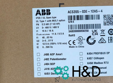 ABB ACS355-03E-12A5-4 – Inversor – Pn 5,5 kW – I2n 12,5 A – IP20 – Nuevo y sellado
