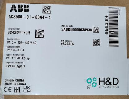 ACS580-01-03A4-4  ABB  Inverter  PN: 1.1 kW, IN: 3.3 A  【New and Sealed】