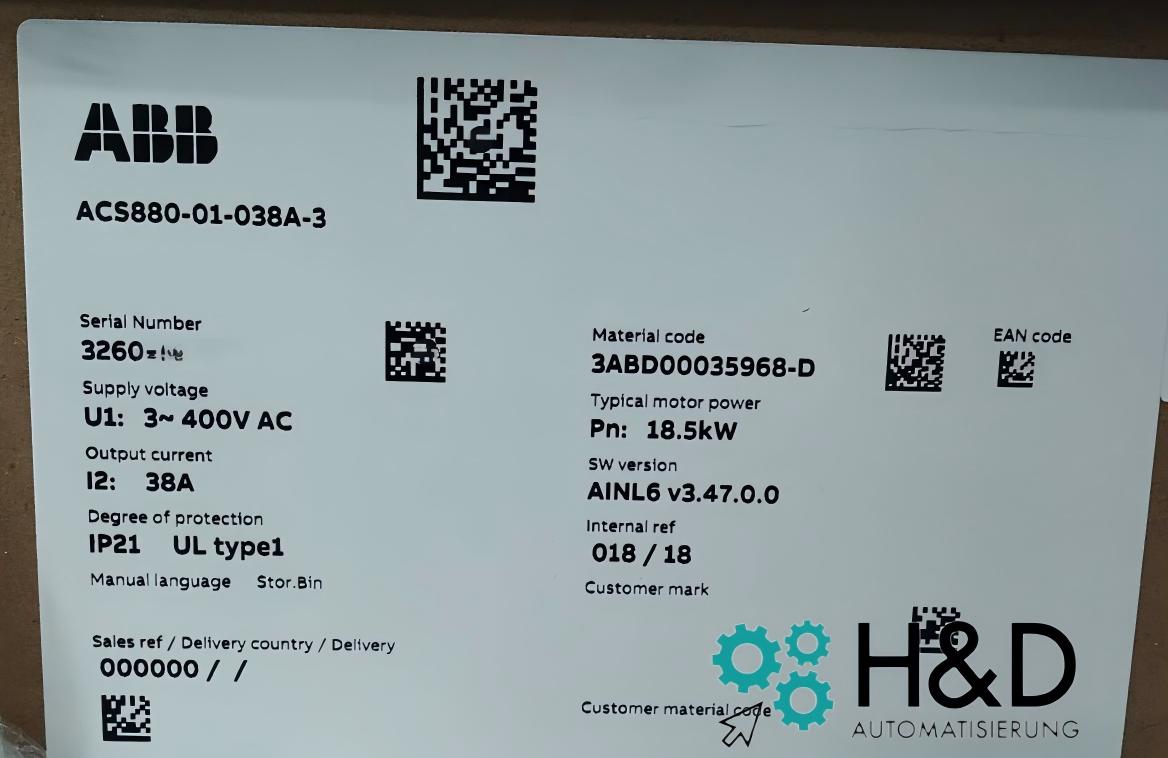 ABB ACS880-01-038A-3 – Falownik – PN: 18,5 kW, IN: 38 A, IP20 – Nowy i zaplombowany