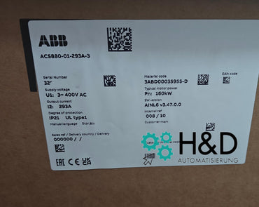 ABB ACS880-01-293A-3 – Inverter – PN: 160 kW, IN: 293 A, 400 V, IP20 – Neu und versiegelt