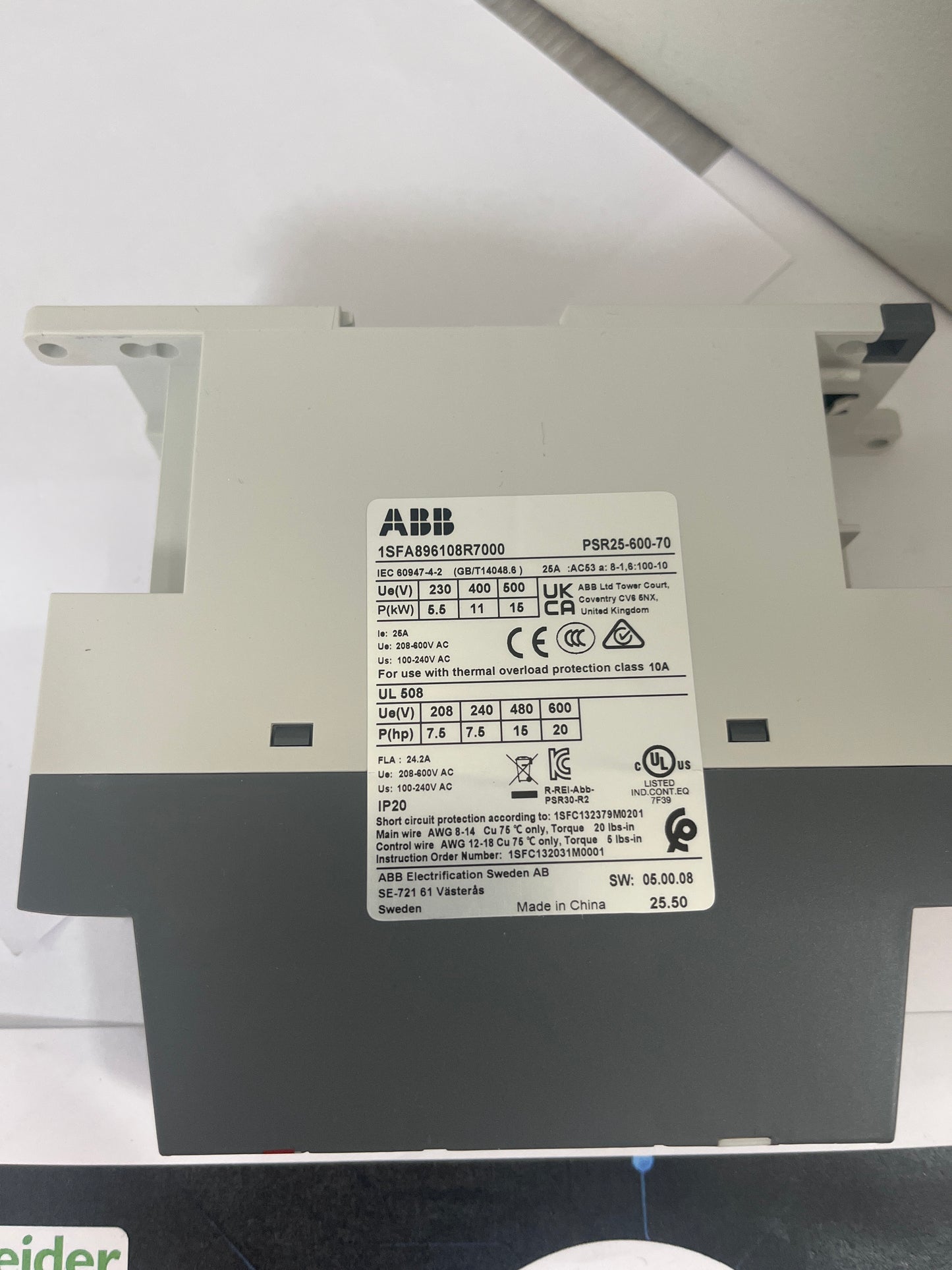 ABB PSR25-600-70 Arrancador suave 25A 208-600V CA 11kW Nuevo y sellado