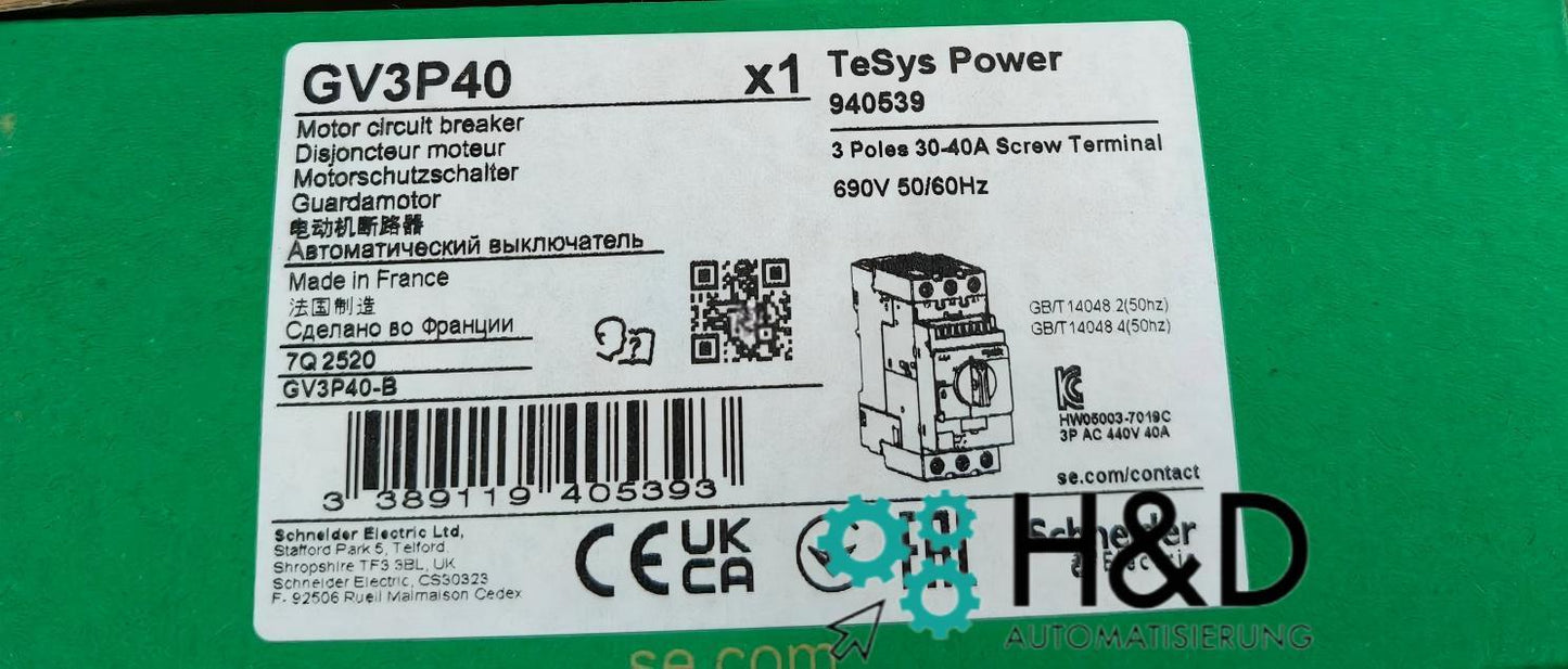GV3P40 Schneider Electric Disjoncteur moteur, 3p, 30-40A, déclencheur magnétique