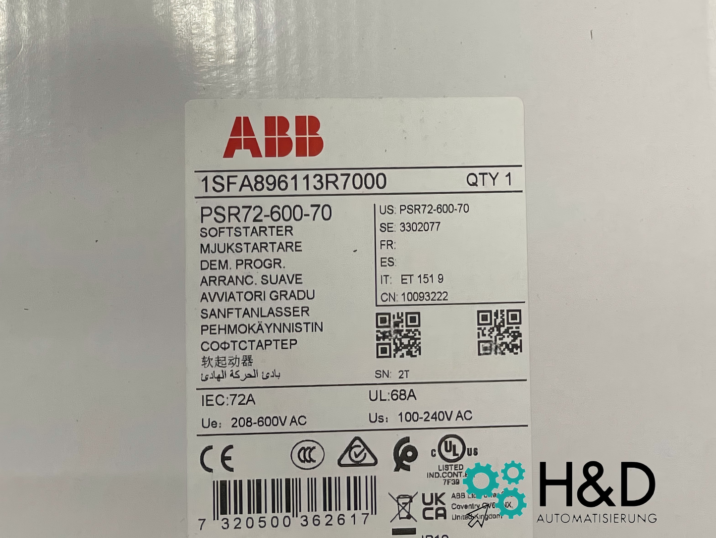 ABB PSR72-600-70 Softstarter 72A 208-600V AC 37kW New & sealed
