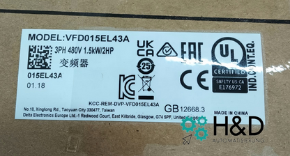 Delta VFD015EL43A VFD-EL 2HP 480V 3PH | Mikro-FU, IP20, DC-Bremse, V/Hz